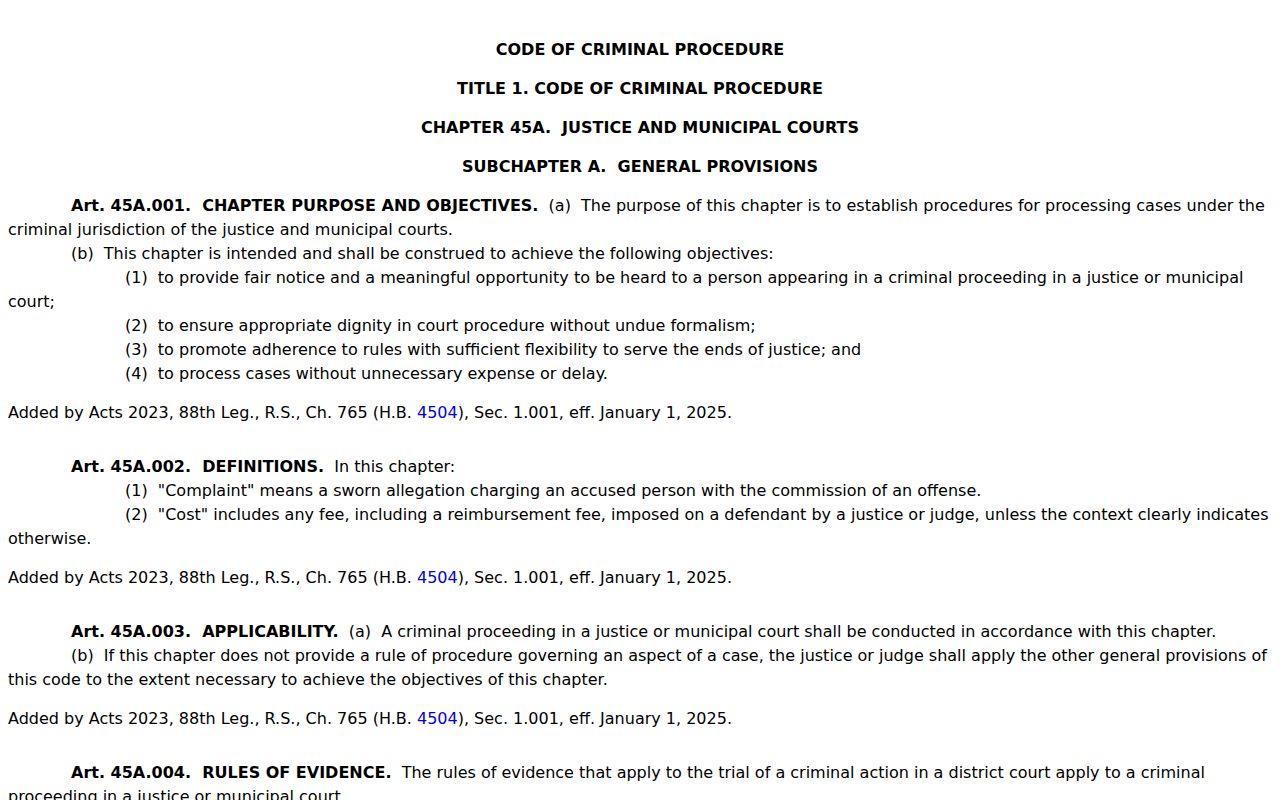 Borden County traffic court records under Texas Code of Criminal Procedure Chapter 45A