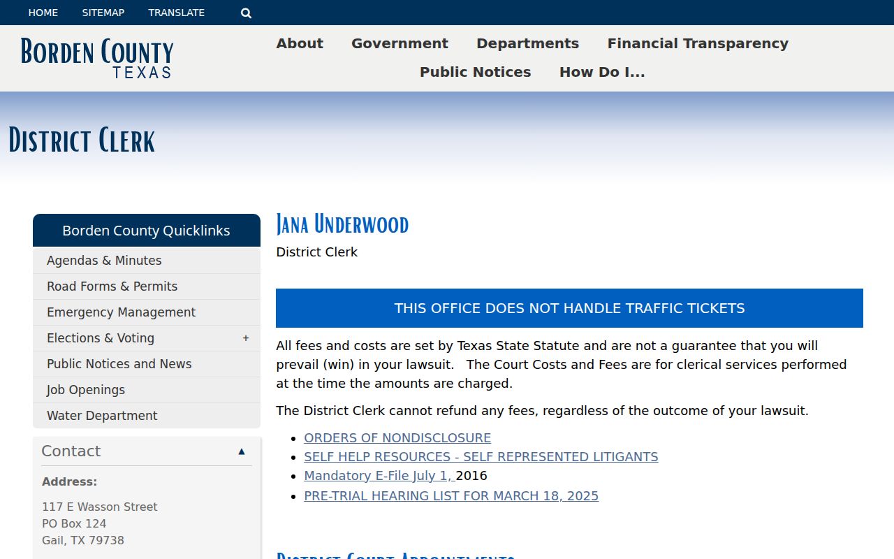 Borden County court docket District Clerk information